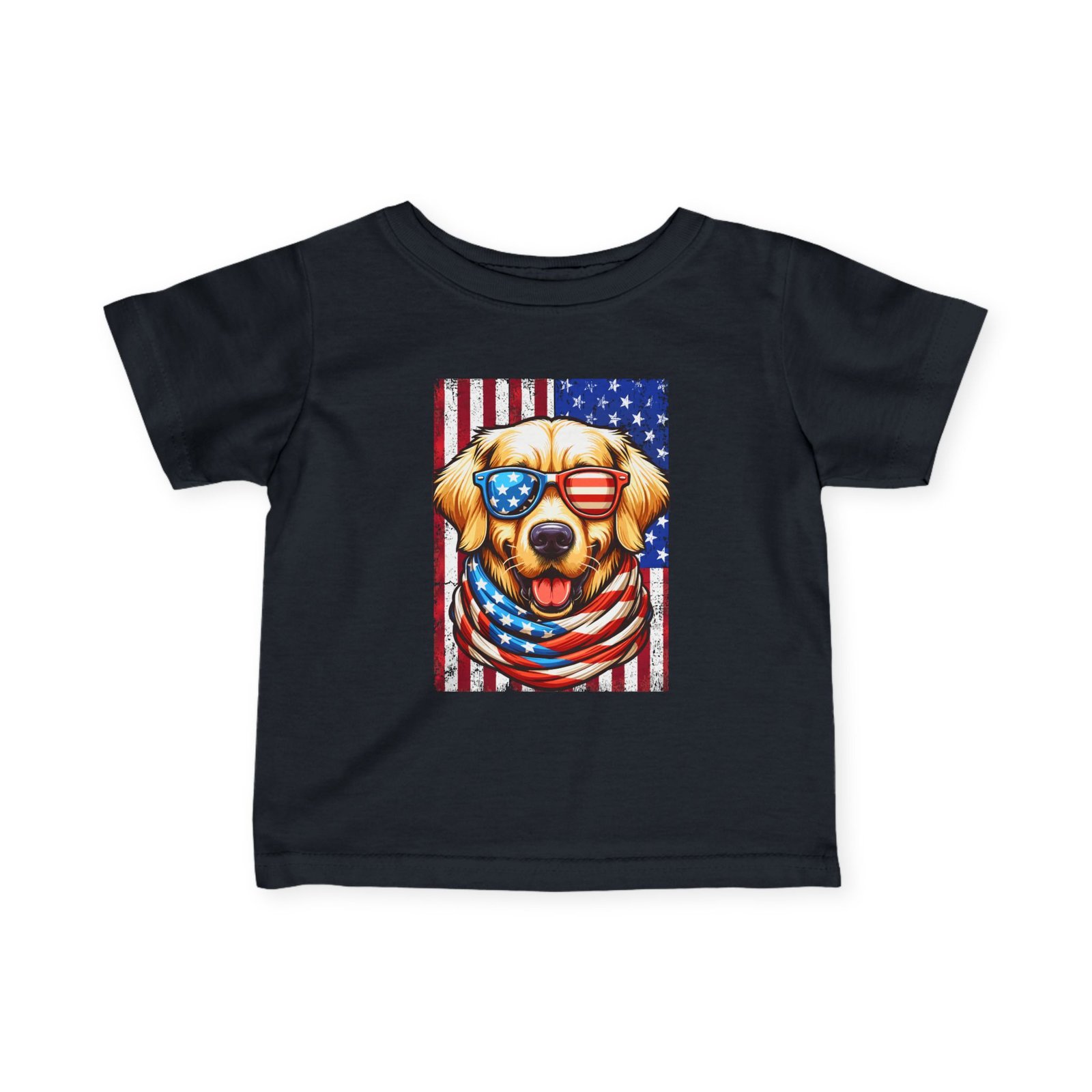 5619432184868351003_2048-1.jpeg Infant T-Shirt — Patriotic Golden Retriever Puppy with American Flag Sunglasses - Image 1
