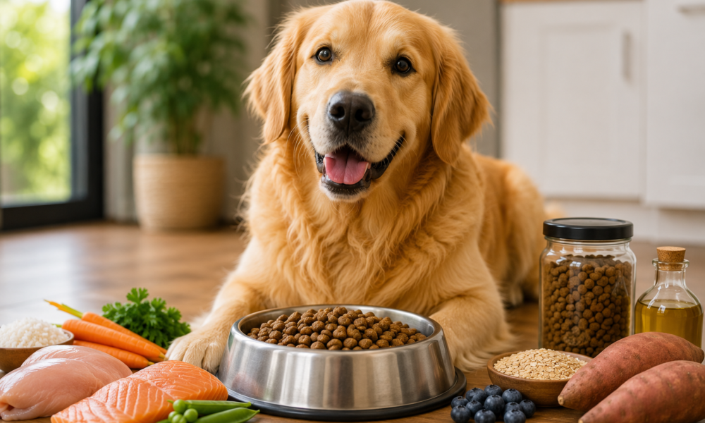 Healthy Golden Retriever enjoying a balanced meal with premium dog food, salmon, chicken, vegetables, and other nutritious ingredients.