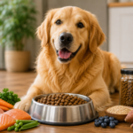 Healthy Golden Retriever enjoying a balanced meal with premium dog food, salmon, chicken, vegetables, and other nutritious ingredients.