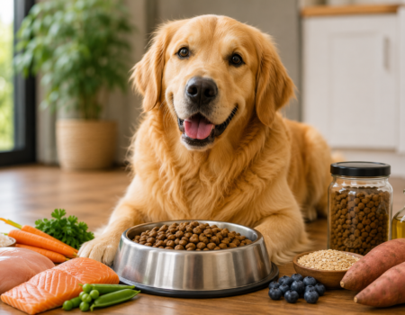 Healthy Golden Retriever enjoying a balanced meal with premium dog food, salmon, chicken, vegetables, and other nutritious ingredients.