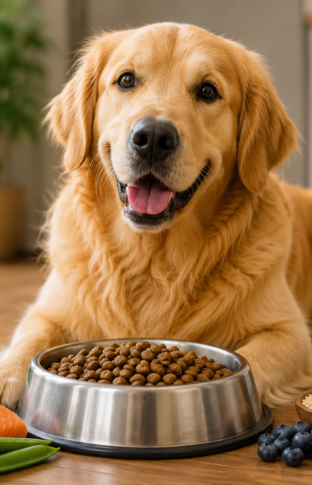 Healthy Golden Retriever enjoying a balanced meal with premium dog food, salmon, chicken, vegetables, and other nutritious ingredients.