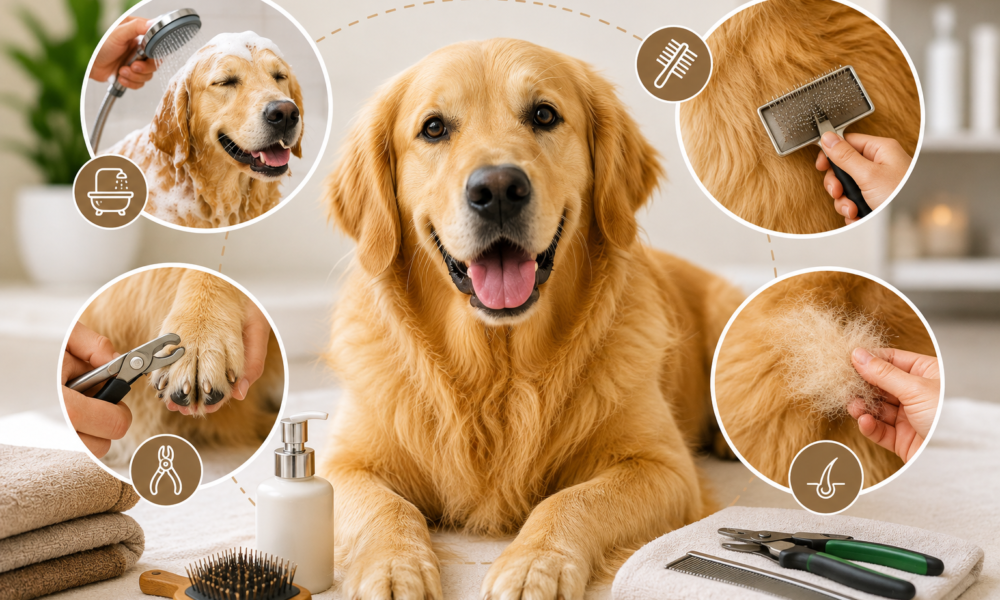 Happy Golden Retriever during grooming with brushing, bathing, nail trimming, and coat care in a bright indoor setting.