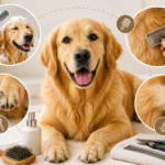 Happy Golden Retriever during grooming with brushing, bathing, nail trimming, and coat care in a bright indoor setting.