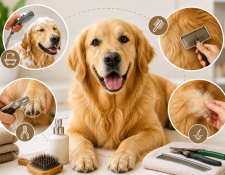 Happy Golden Retriever during grooming with brushing, bathing, nail trimming, and coat care in a bright indoor setting.