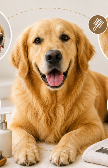 Happy Golden Retriever during grooming with brushing, bathing, nail trimming, and coat care in a bright indoor setting.