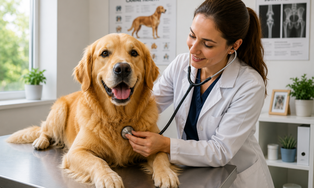 Healthy Golden Retriever receiving a routine health examination from a veterinarian in a modern veterinary clinic.