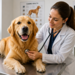 Healthy Golden Retriever receiving a routine health examination from a veterinarian in a modern veterinary clinic.