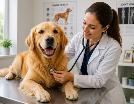 Healthy Golden Retriever receiving a routine health examination from a veterinarian in a modern veterinary clinic.