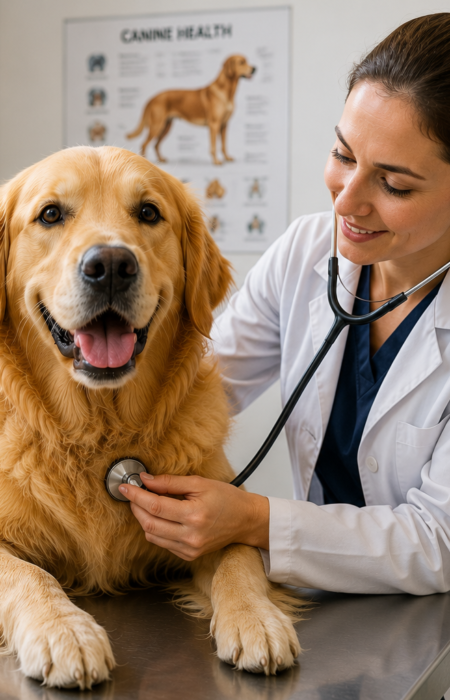 Healthy Golden Retriever receiving a routine health examination from a veterinarian in a modern veterinary clinic.