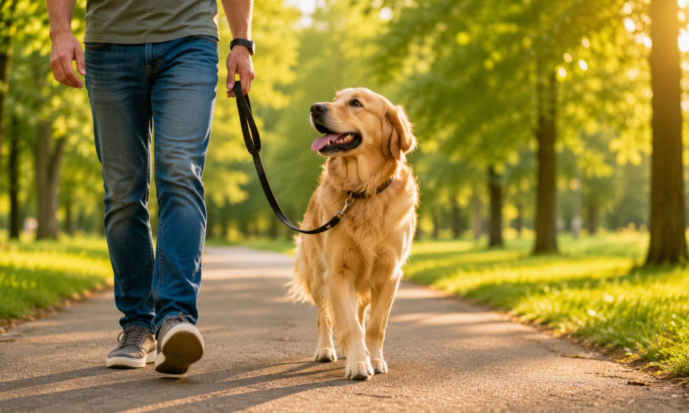 A well-trained Golden Retriever walking politely beside its owner on a loose leash in a sunny park.