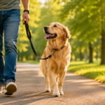 A well-trained Golden Retriever walking politely beside its owner on a loose leash in a sunny park.