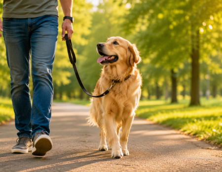 A well-trained Golden Retriever walking politely beside its owner on a loose leash in a sunny park.