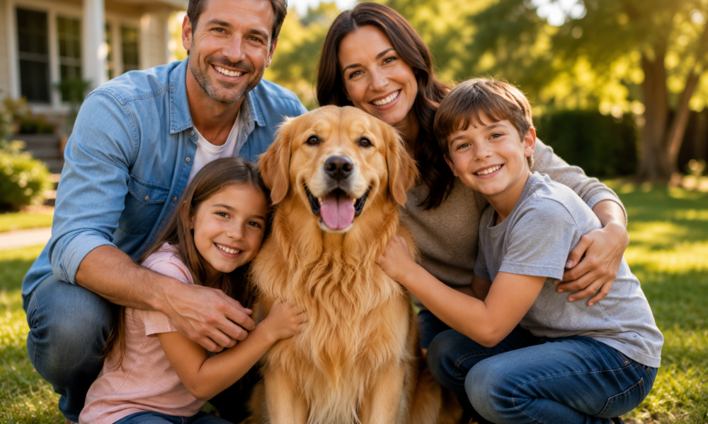 A happy family sitting in their backyard with a friendly Golden Retriever, smiling together on a sunny day.