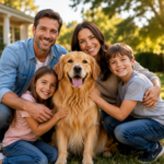 A happy family sitting in their backyard with a friendly Golden Retriever, smiling together on a sunny day.