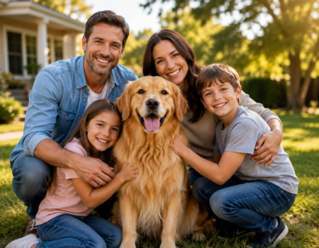A happy family sitting in their backyard with a friendly Golden Retriever, smiling together on a sunny day.