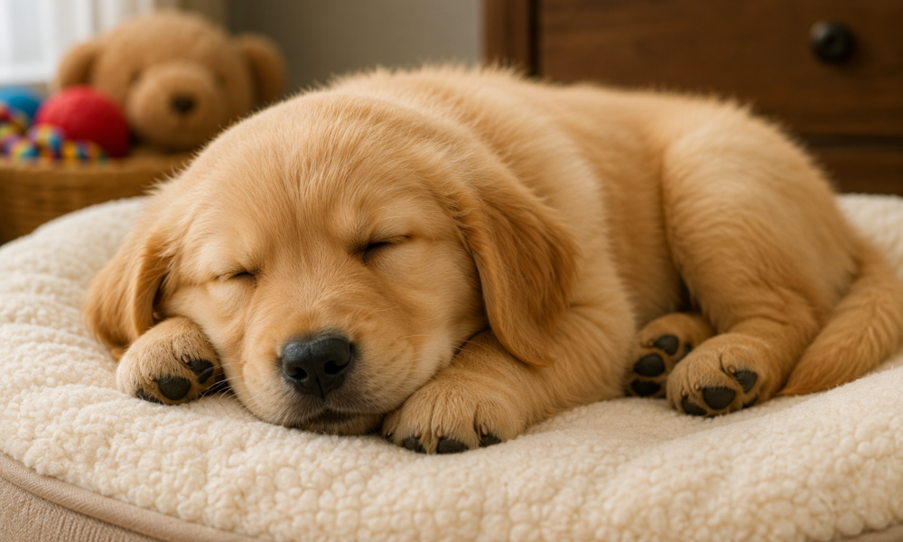 A cute Golden Retriever puppy sleeping peacefully on a soft, cozy dog bed indoors.