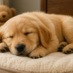 A cute Golden Retriever puppy sleeping peacefully on a soft, cozy dog bed indoors.