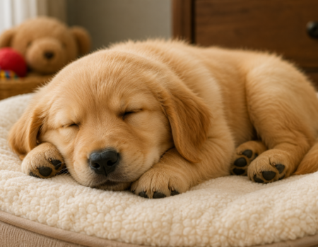 A cute Golden Retriever puppy sleeping peacefully on a soft, cozy dog bed indoors.