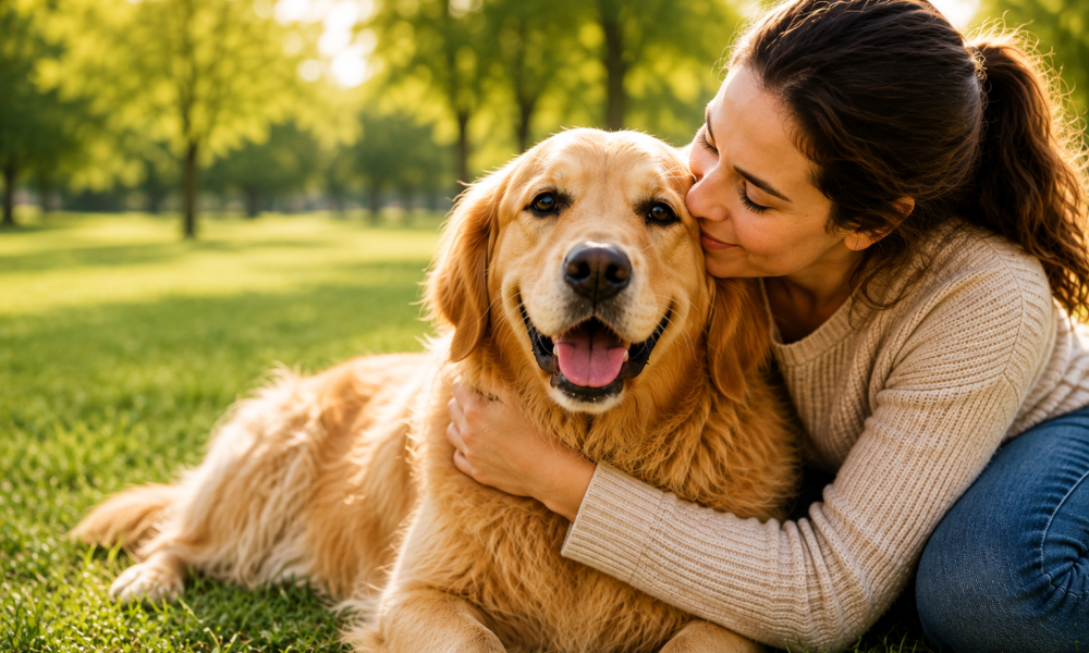 A woman lovingly hugs and kisses her happy Golden Retriever while relaxing together in a sunny park, showing the strong bond between owner and dog.
