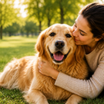 A woman lovingly hugs and kisses her happy Golden Retriever while relaxing together in a sunny park, showing the strong bond between owner and dog.