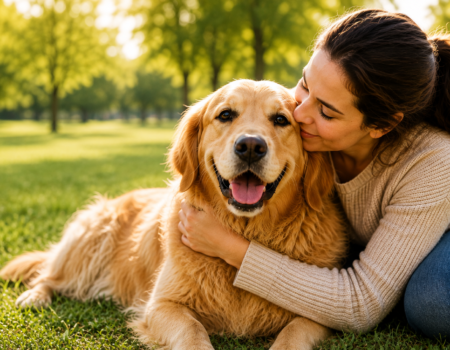 A woman lovingly hugs and kisses her happy Golden Retriever while relaxing together in a sunny park, showing the strong bond between owner and dog.