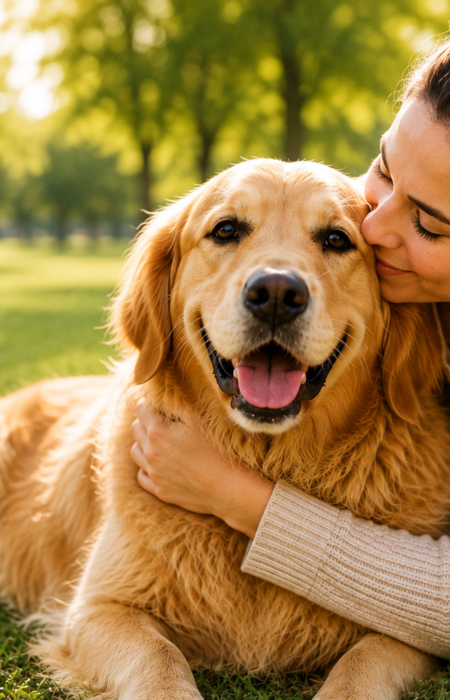 A woman lovingly hugs and kisses her happy Golden Retriever while relaxing together in a sunny park, showing the strong bond between owner and dog.